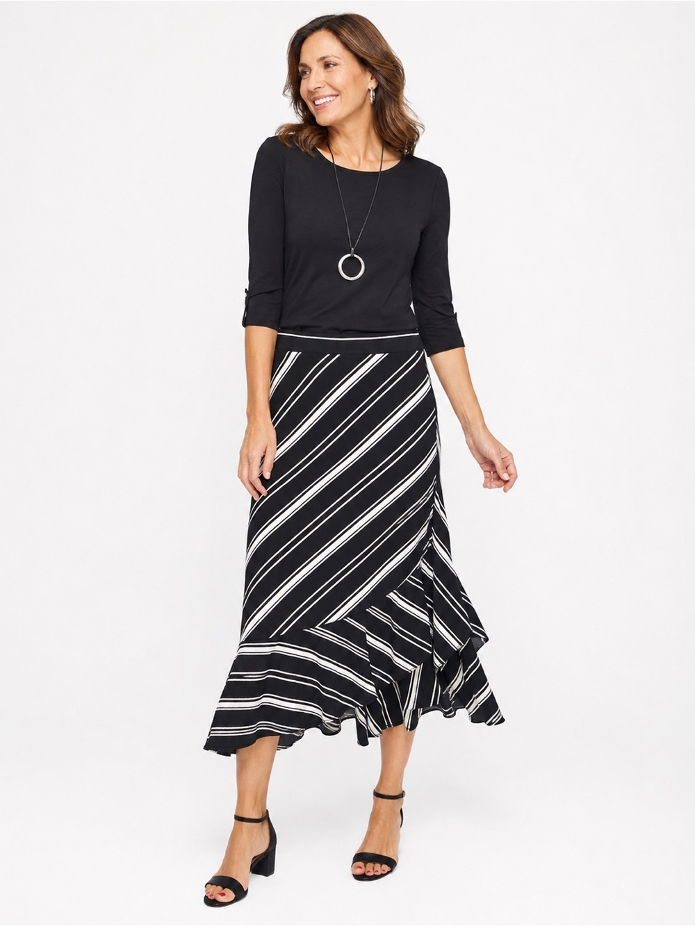 Chicos Skirt 1 Medium Black White Striped Midi Asymmetrical Ruffle Hem